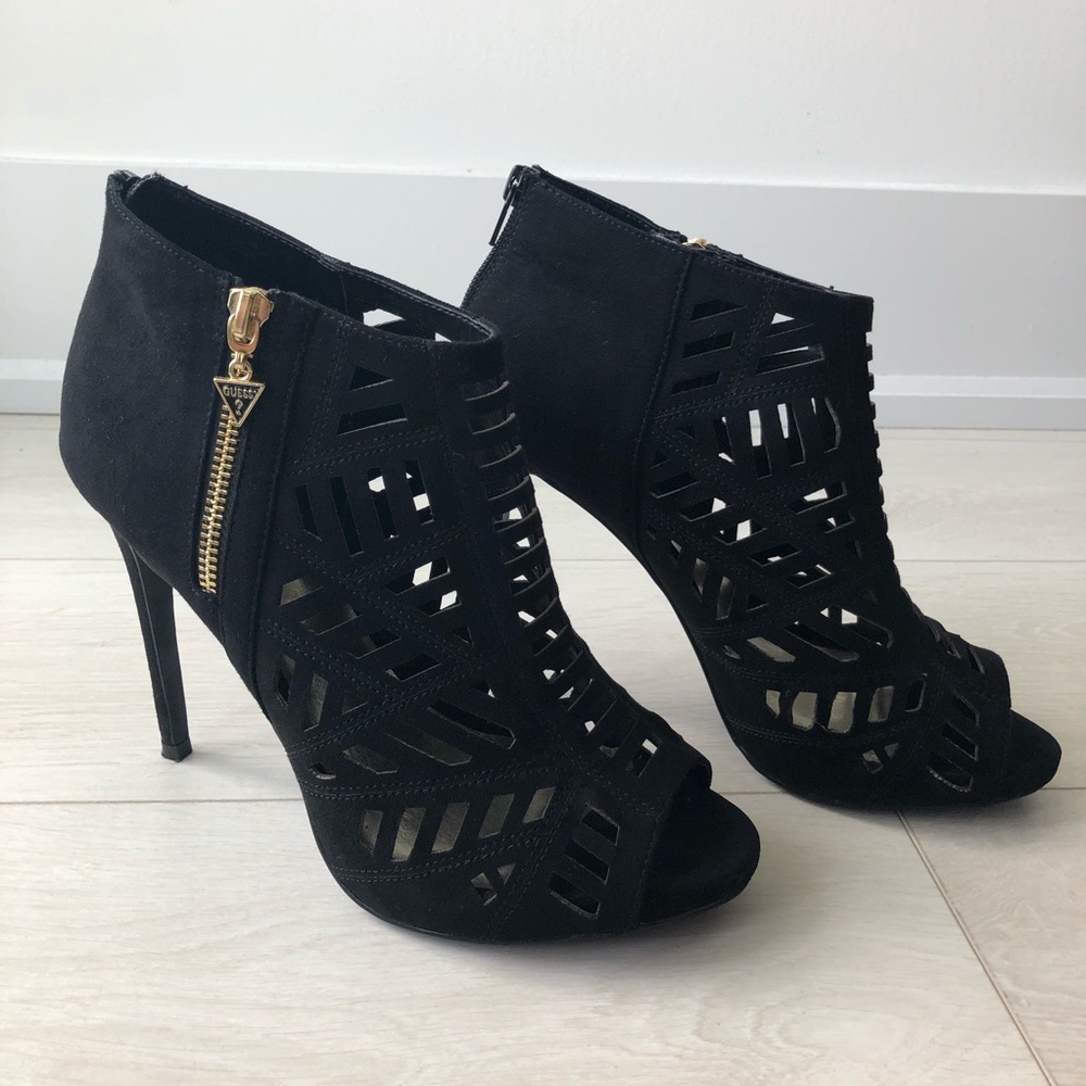 Guess Black Suede Open Toe Heels
